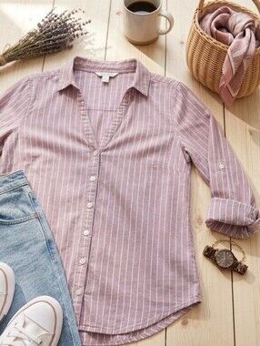 Classic Mauve Pink & White Vertical Striped Button Down Shirt S